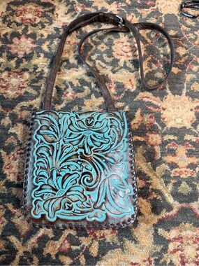 Hand-Tooled Floral Leather Patricia Nash Crossbody Bag in Turquoise and Brown